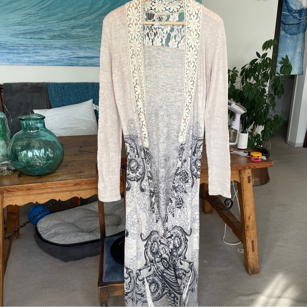 Vocal open front, embellished duster cardigan